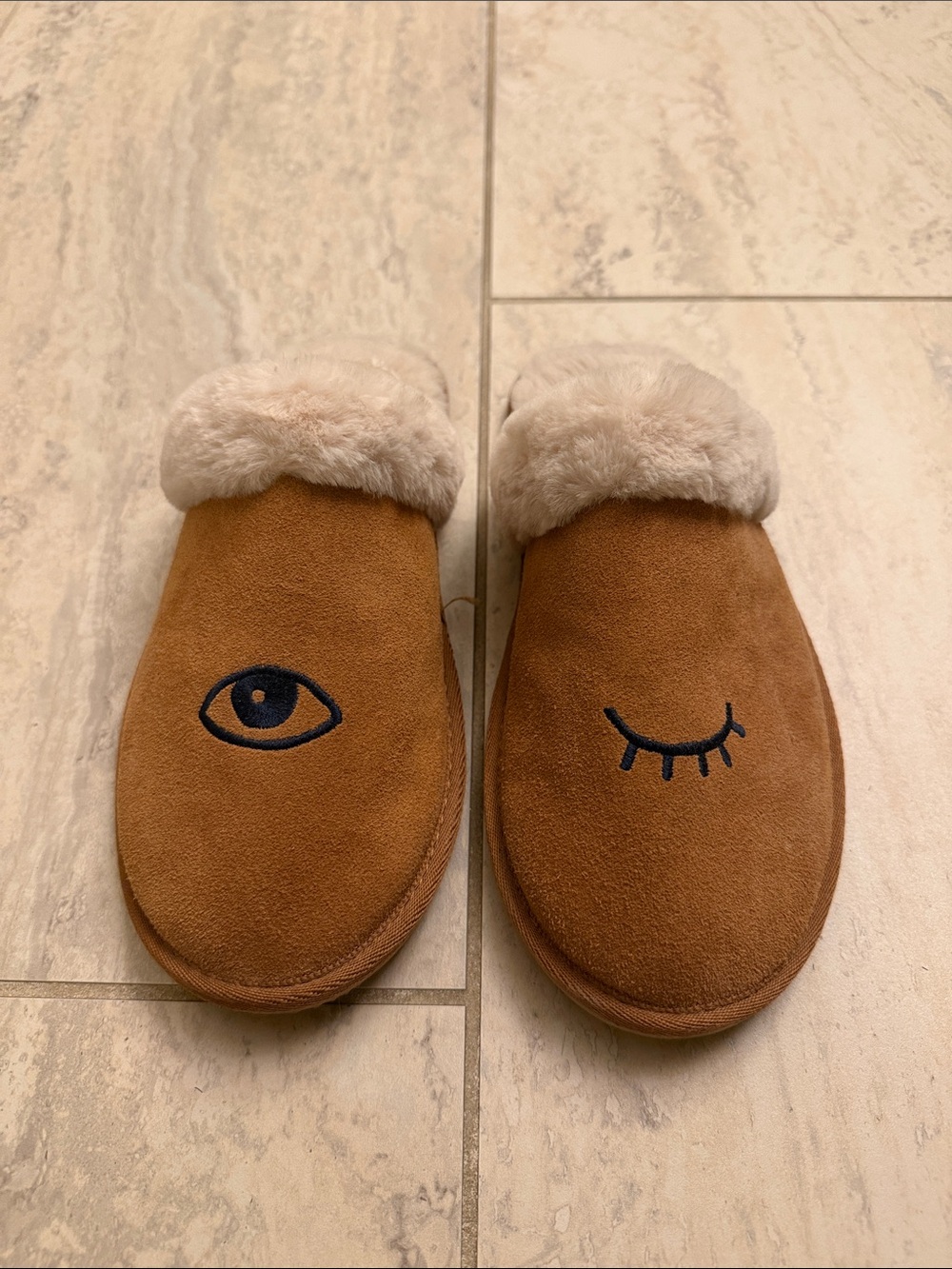 Soludos Cozy Tan Faux-Shearling Slippers with Eye Embroidery